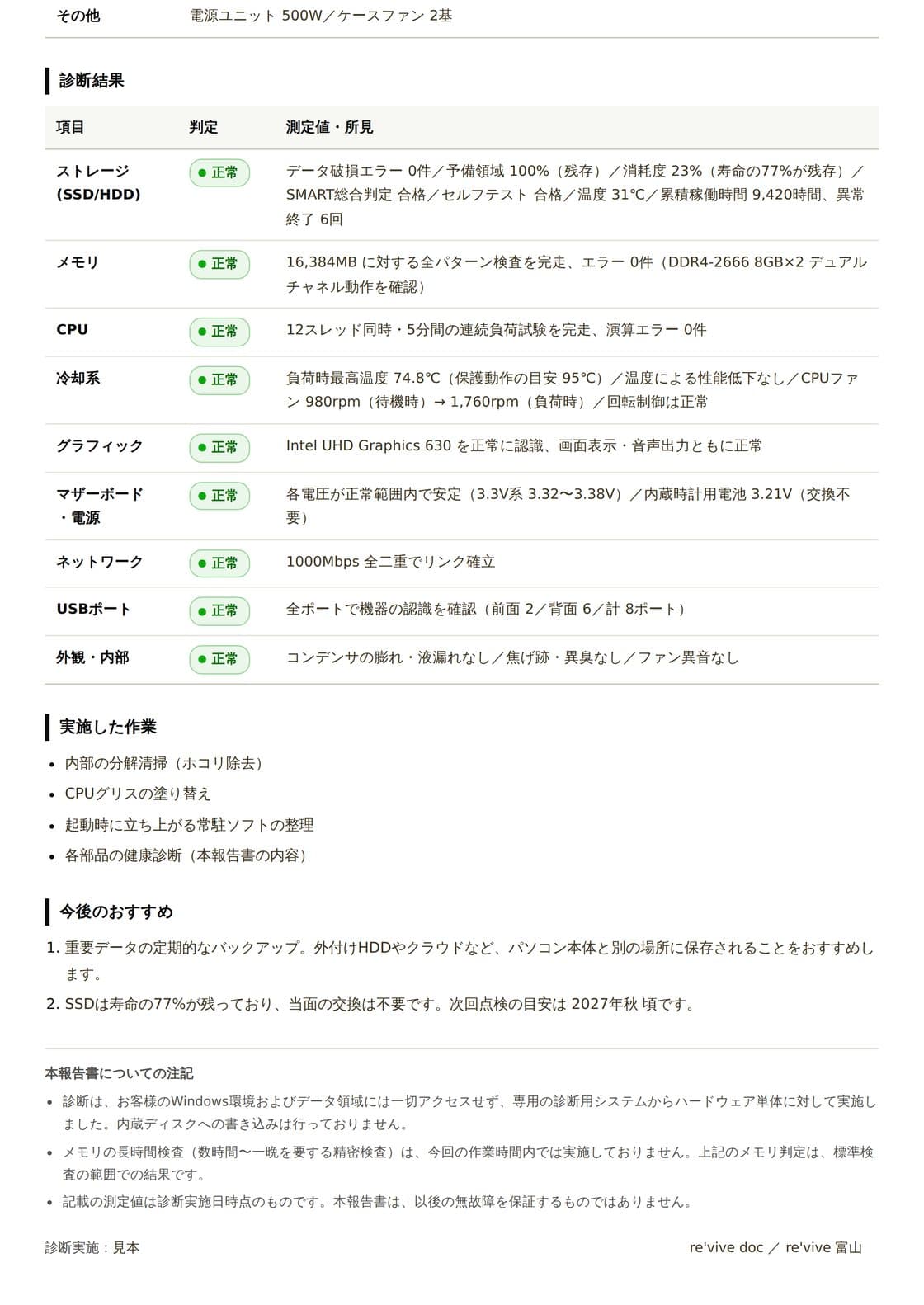診断報告書の見本 2枚目